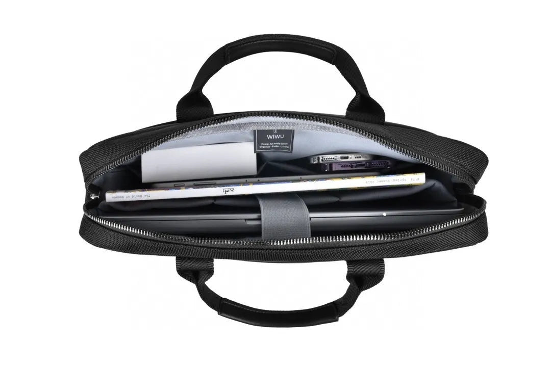 Black Oxford cloth laptop backpack showing multiple organisation pockets and a separate padded computer compartment.