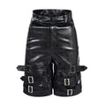 Men's black PU leather cropped shorts with leather ring details on a mannequin.