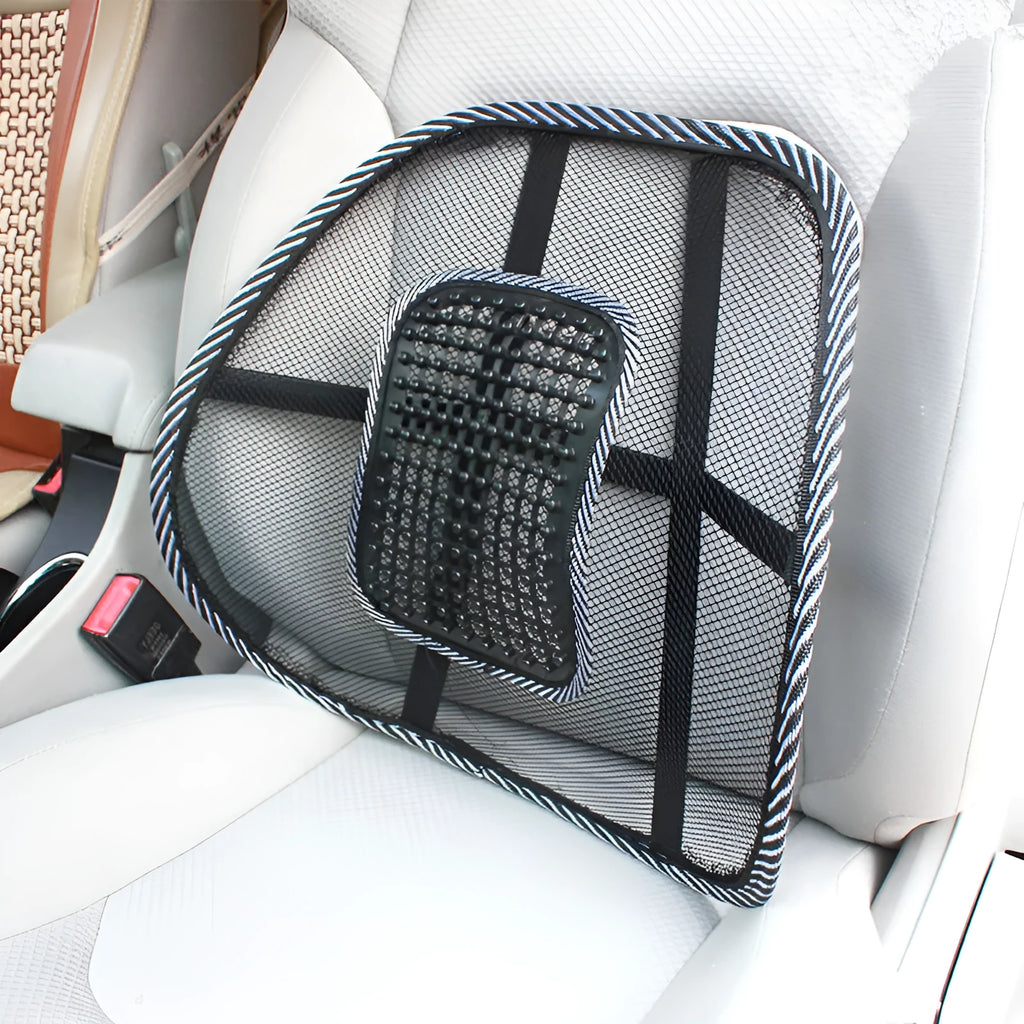Black lumbar support pillow with steel wire frame for car and office chairs