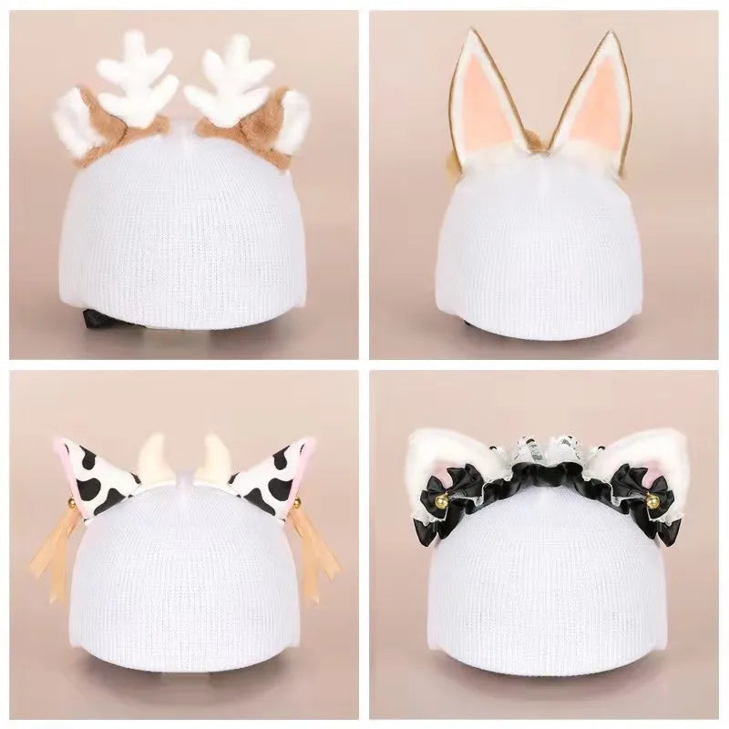 Soft plush cartoon decoration cap placed on a ski helmet for personalisation.