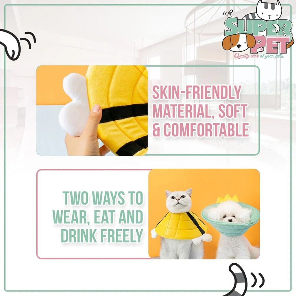 Soft white cat cone collar with black bee design and adjustable Velcro strap
