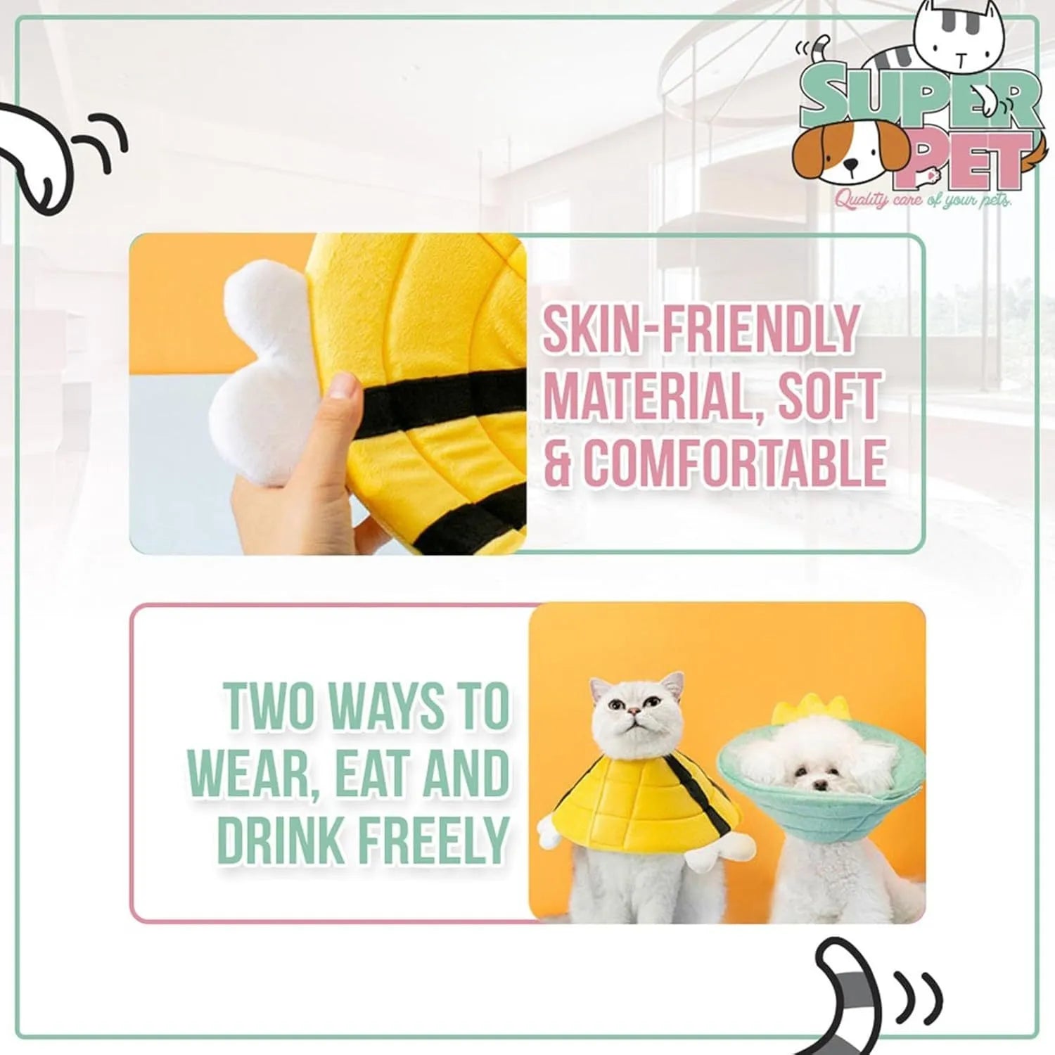 Soft white cat cone collar with black bee design and adjustable Velcro strap