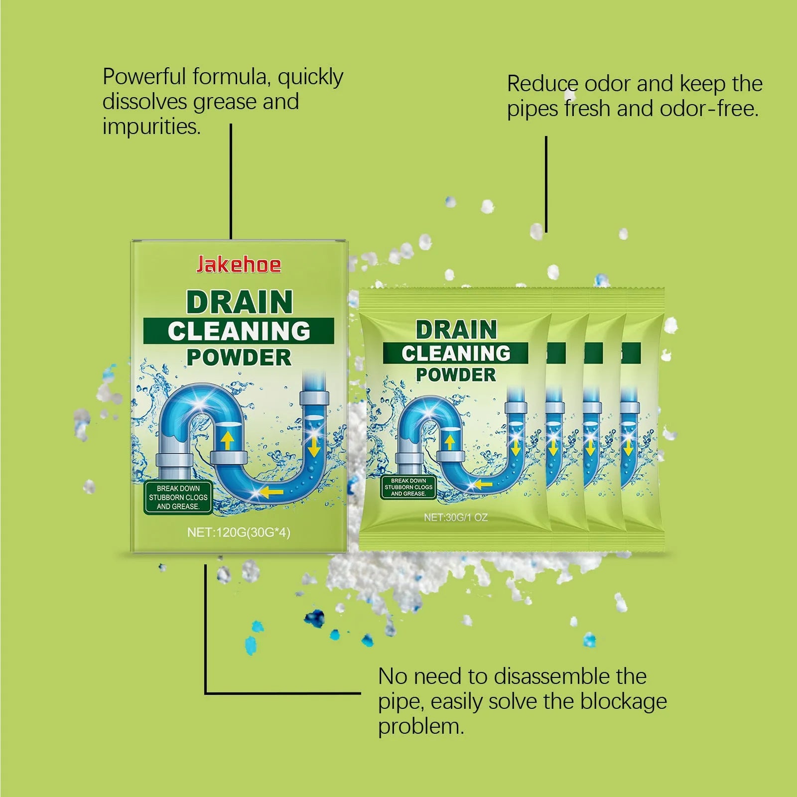 120G pack of drain unblocking powder for sinks and pipes with sodium hydroxide formula.