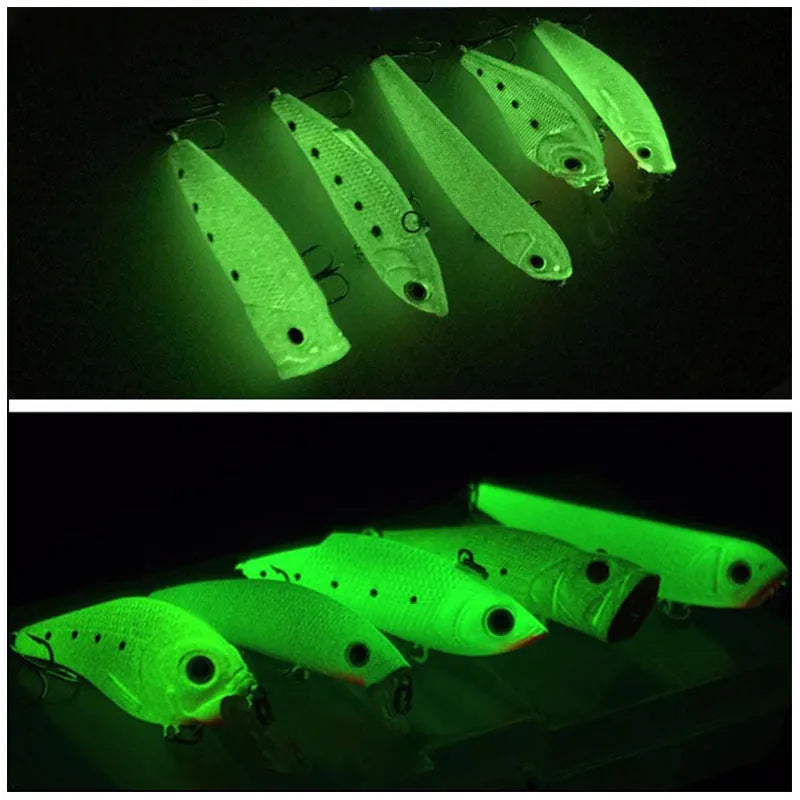 Five 3D fluorescent hard bait fishing lures with luminous finish for bass and perch fishing