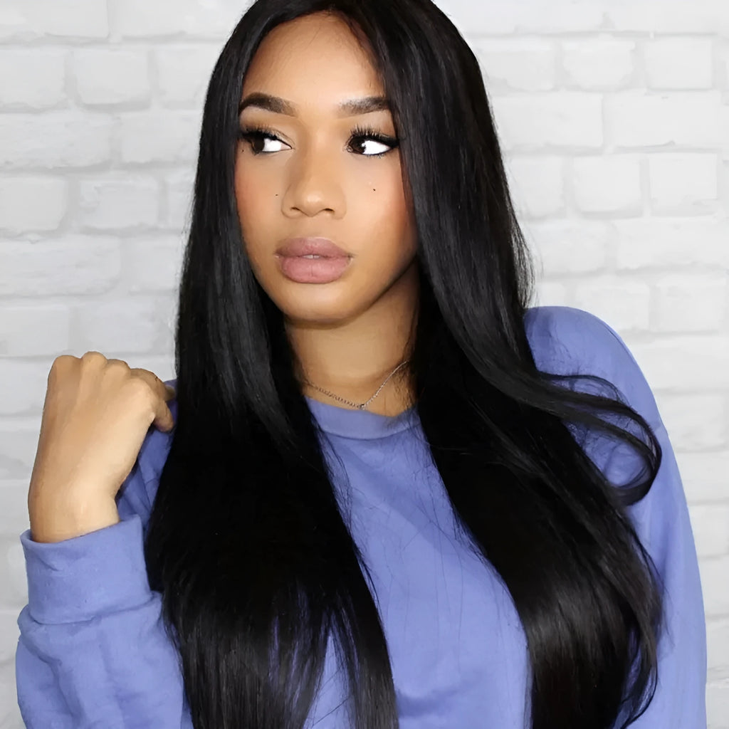 Long straight synthetic wig with centre parting and bangs in black colour