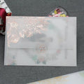 Sulfuric acid paper invitation card with bronzing matte varnish, gold sticker, 12.5x17.6 cm