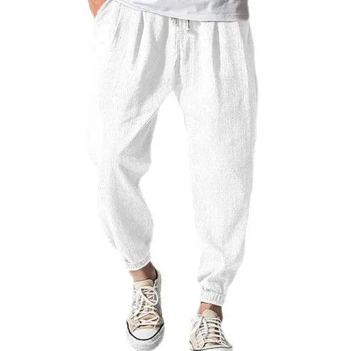 Men's casual loose cotton ankle banded trousers in khaki, summer style with elasticated waist