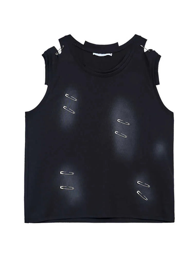 Men's black sleeveless vest with irregular cutting piece design and round neck collar