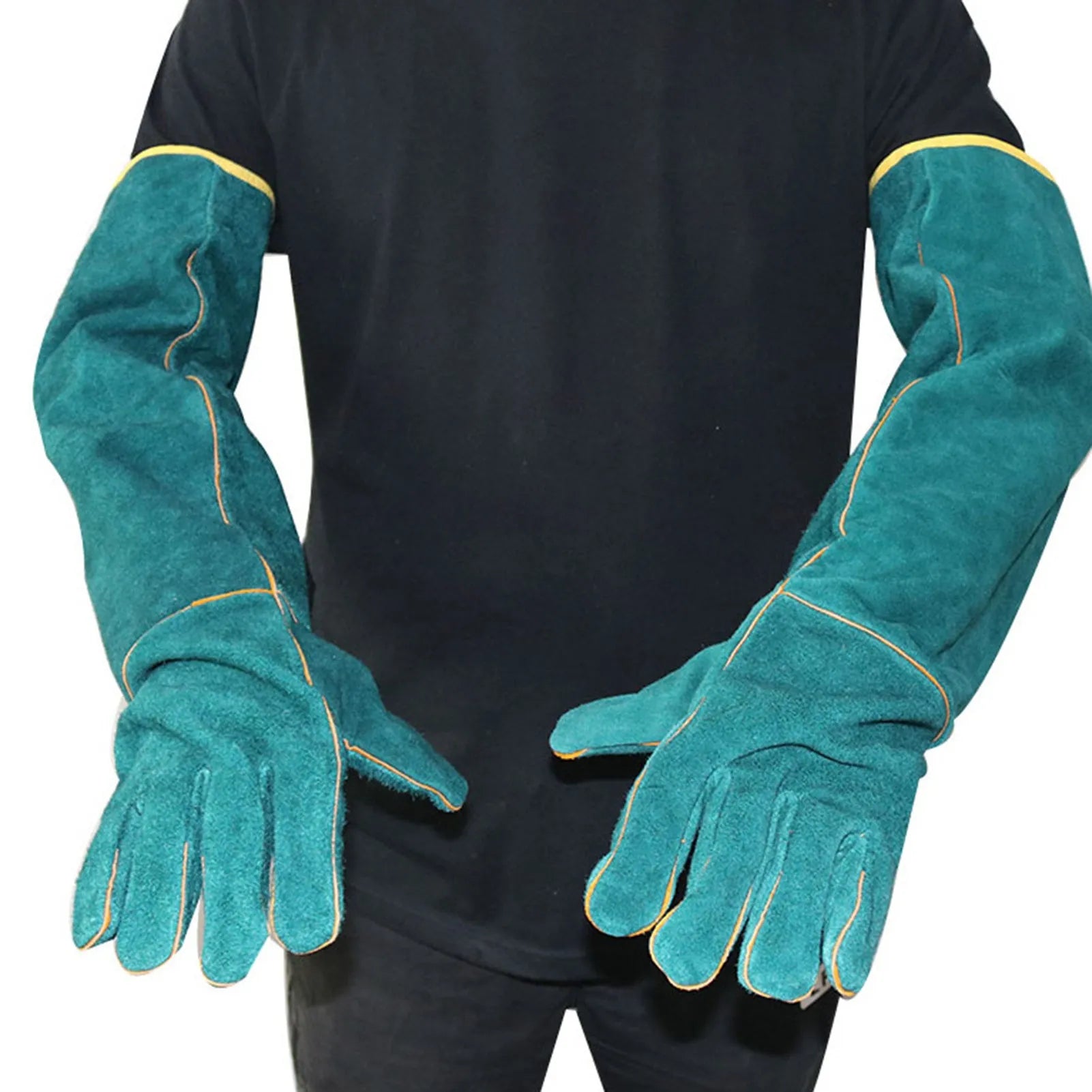 Pair of dark green multi-function anti-bite safety gloves with extended cuffs made from thickened cowhide leather for pet handling.