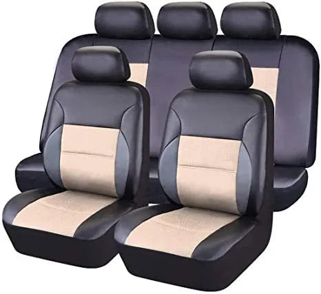 Artificial leather car seat cover set showing front seat, rear bench, and headrest pieces in black.