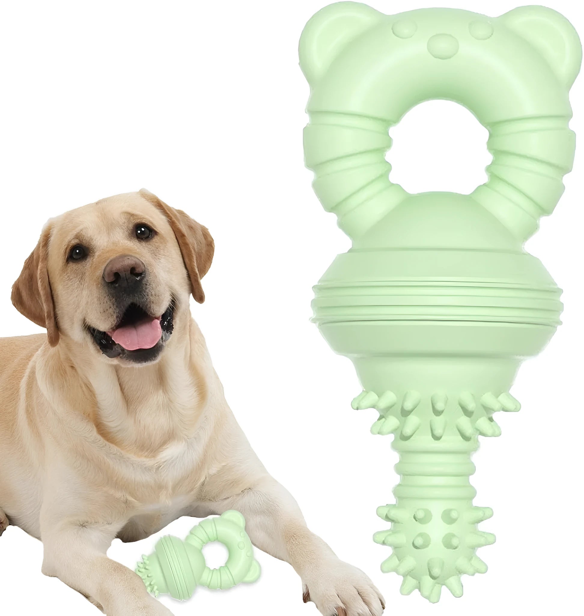 Blue rubber dog chew toy with molar cleaning texture, shown next to a measuring tape indicating 13.5cm size.