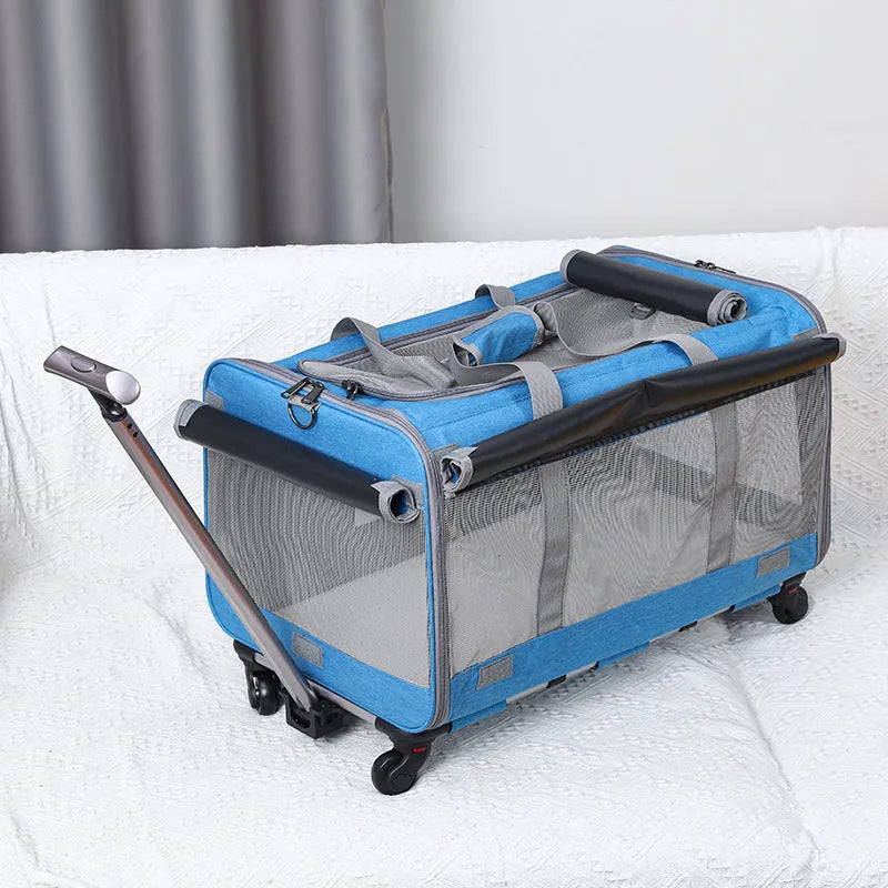 Foldable pet trolley bag in Oxford material with 17.50kg load capacity, solid colour design for cats and small dogs