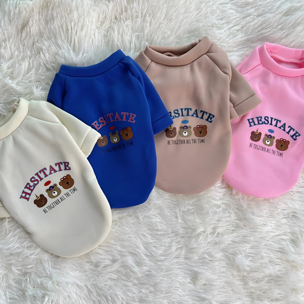 Korean cartoon plush dog clothes in polyester hoodie style, beige colour, on a small dog