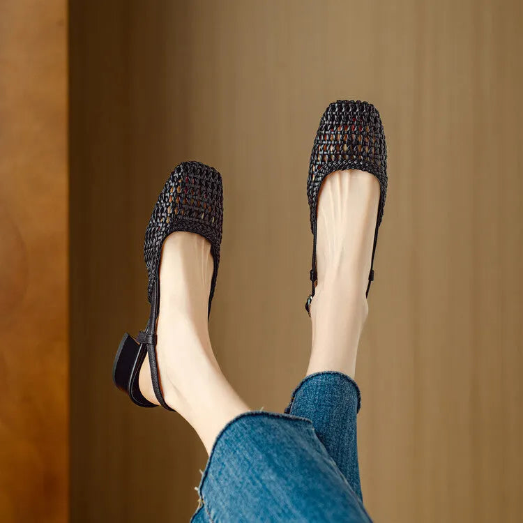 Women's beige woven sandals with square toe, chunky block heel, and adjustable ankle buckle strap.
