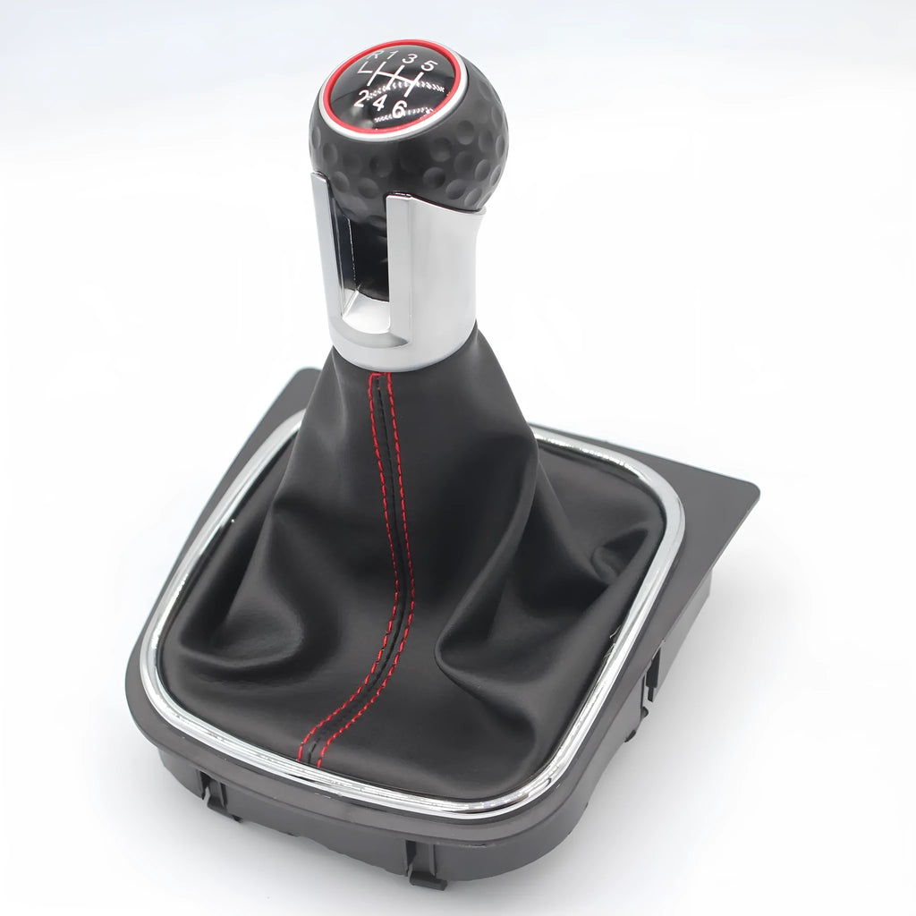 Leather gear shift knob with black dust boot for Volkswagen Golf manual transmission.