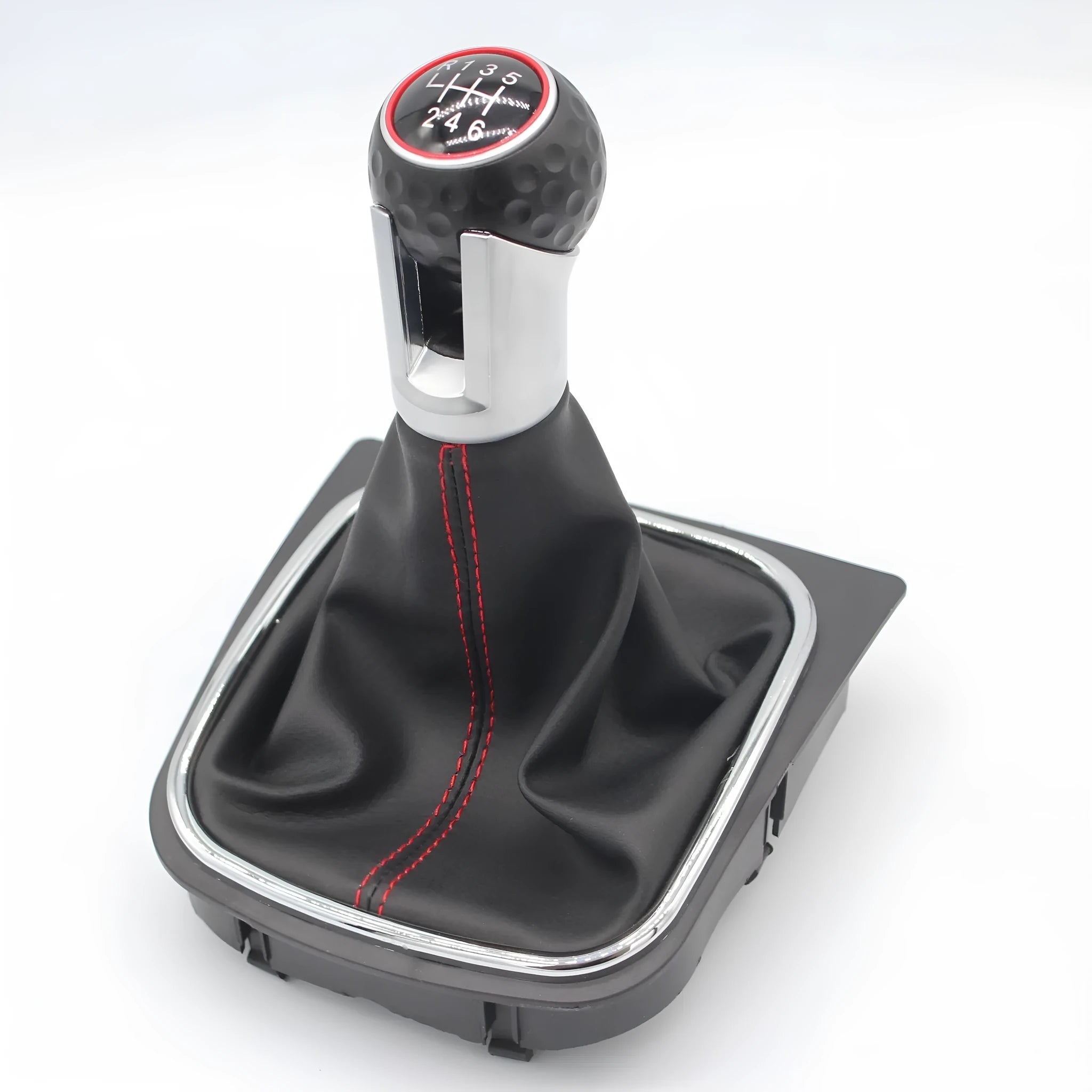 Leather gear shift knob with black dust boot for Volkswagen Golf manual transmission.