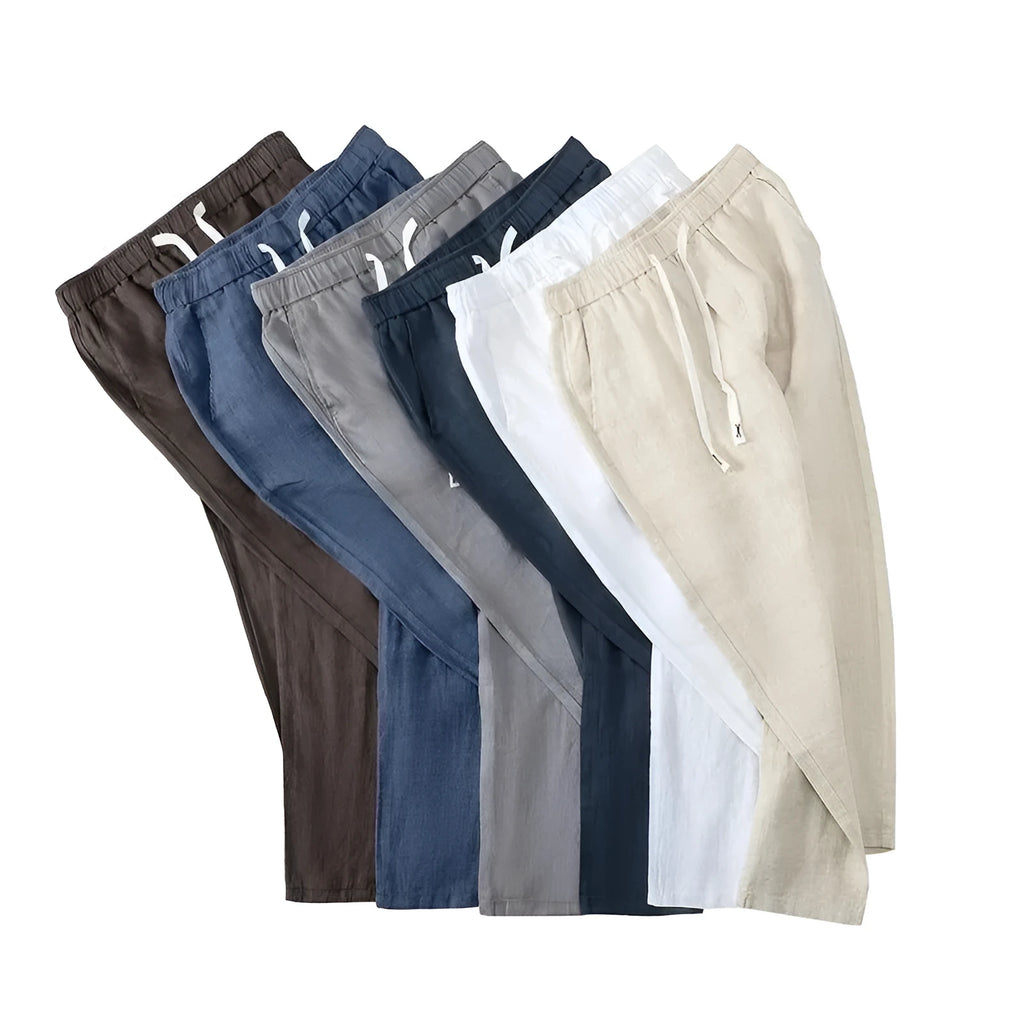 Chinese style straight leg linen trousers with elastic drawstring waist in multiple colour options