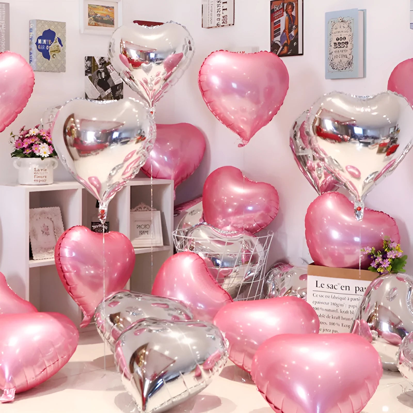 Five peach heart-shaped aluminium foil balloons in metallic colours for party decorations