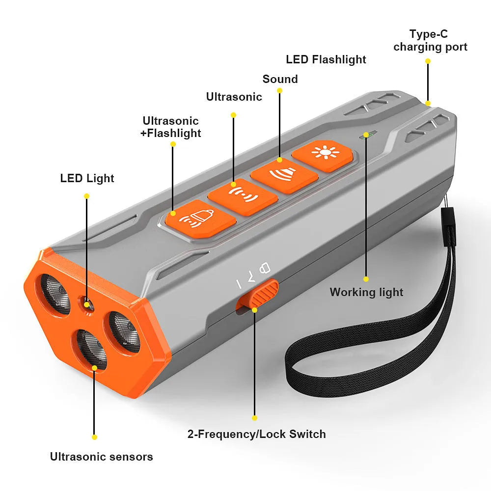 Three head ultrasonic dog trainer device with adjustable volume control