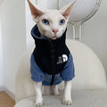 Hairless cat wearing a coral fleece jumpsuit in army green, side view on neutral background