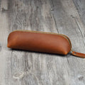 Handmade cowhide leather pencil case with zipper closure showing square 18cm x 6cm x 6cm dimensions