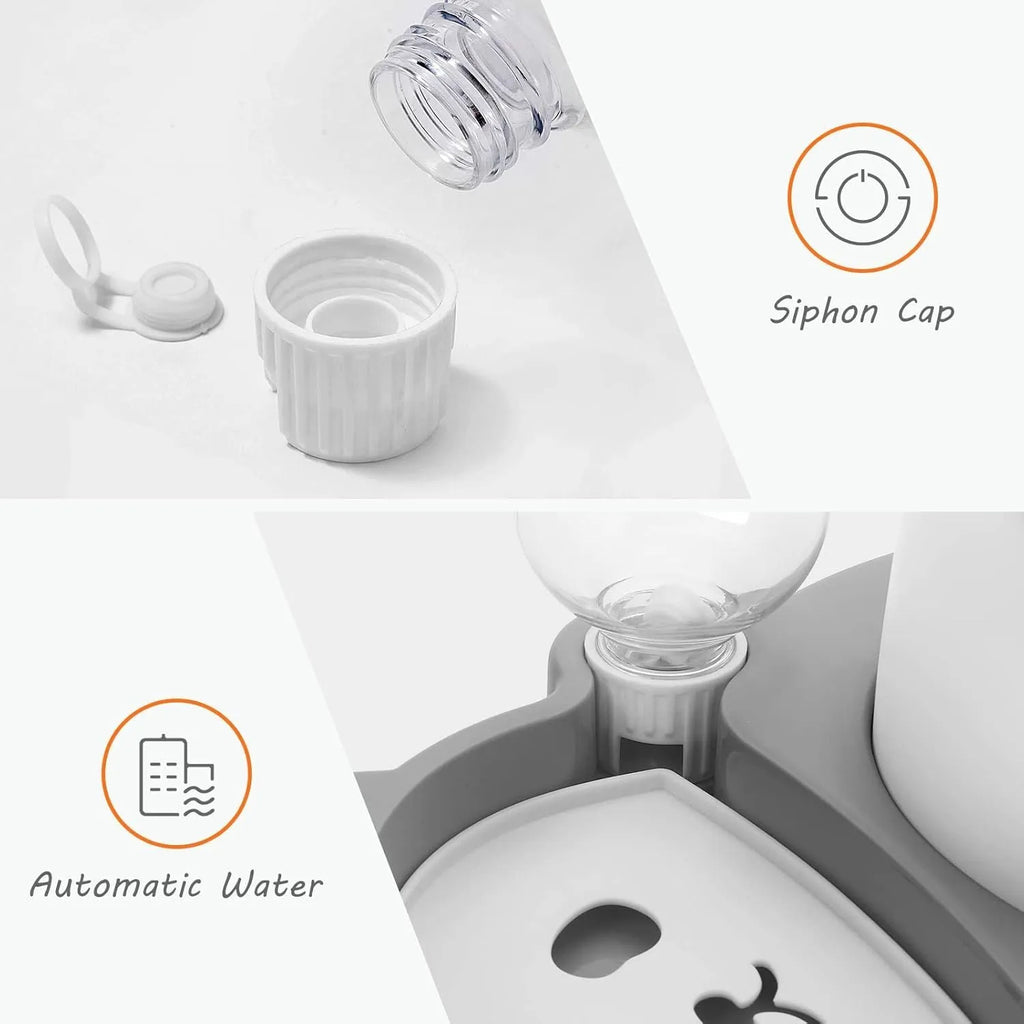 Raised cat bowl set with automatic water dispenser bottle in panda design