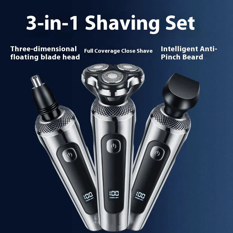 USB rechargeable beard trimmer with digital display on its five-in-one base, showing washable body and floating cutter head.