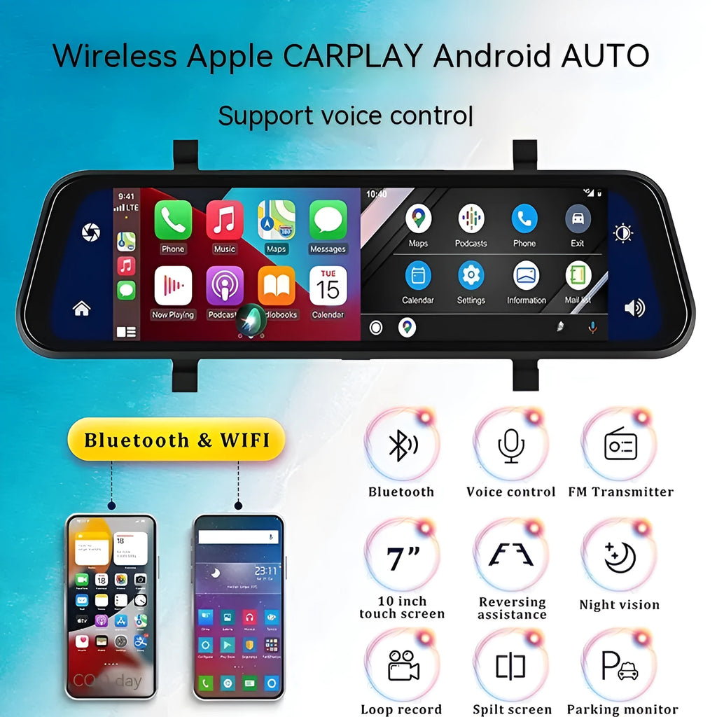 Black 9.66-inch touch screen car GPS navigation with dual cameras and DVR loop video