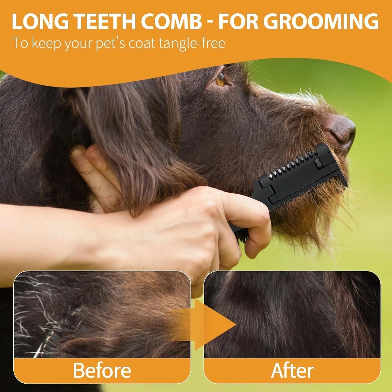 Pet razor comb for dogs and cats with detangling teeth and cutting blades, includes ten spare blades.