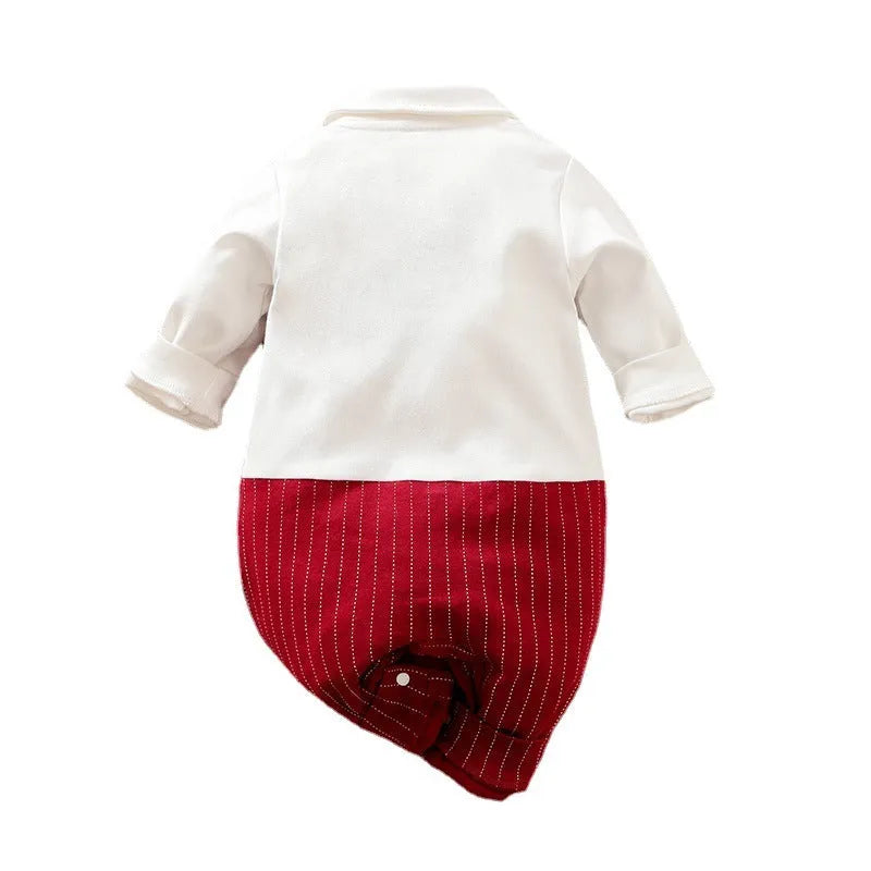 Wine red cotton baby boy romper with long sleeves and gentleman styling
