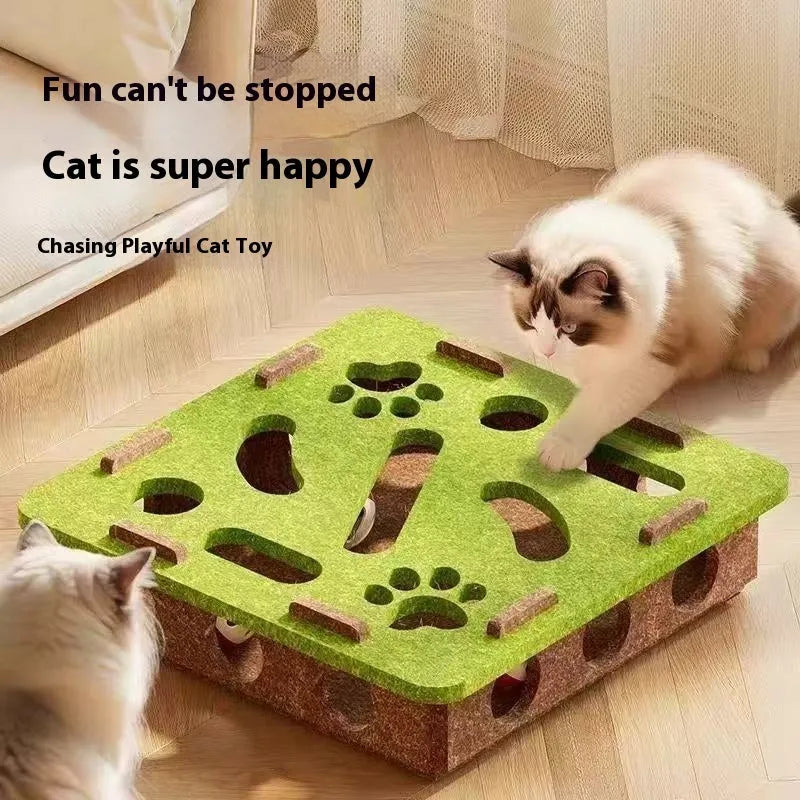 Felt box cat toy with multiple holes for paws, measuring 30x30x7.5 cm in green brown colour.