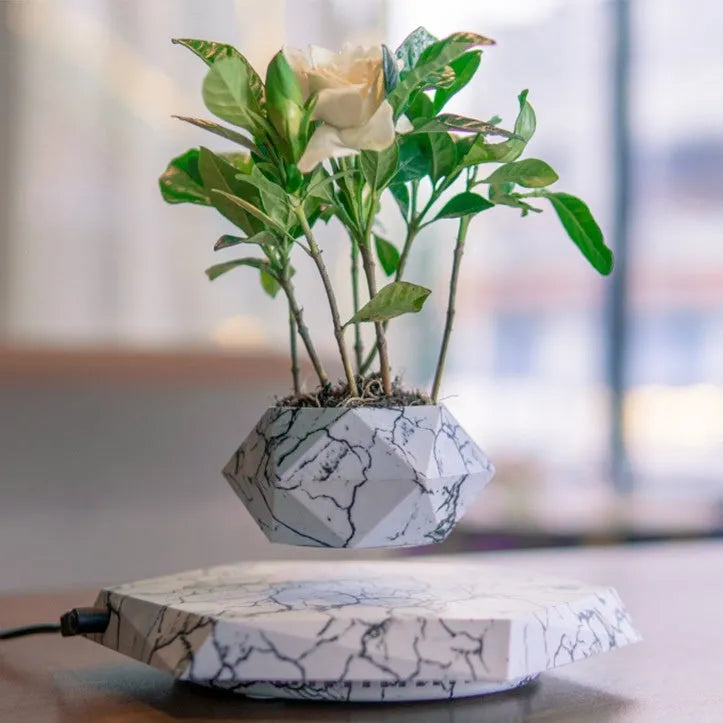 Levitating plant pot marble colour floating with magnetic levitation base