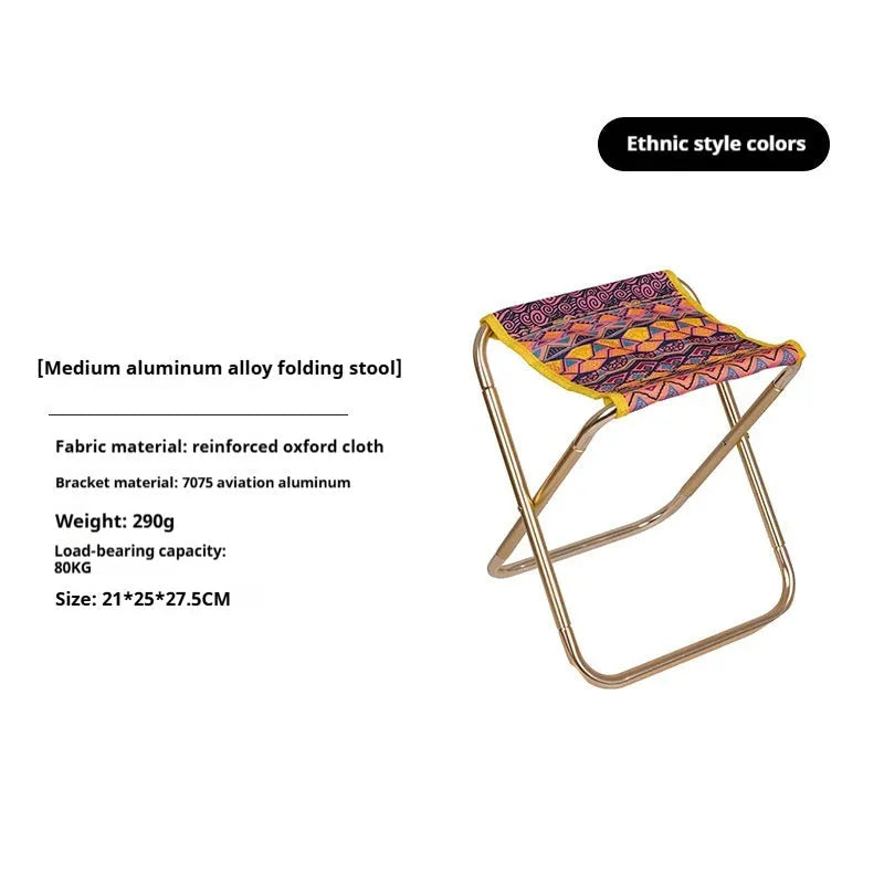 Black aluminium alloy folding stool with ethnic style pattern, shown in folded and unfolded positions