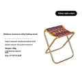 Black aluminium alloy folding stool with ethnic style pattern, shown in folded and unfolded positions