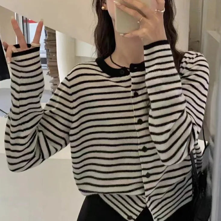 Women's dark grey and white striped French style cardigan with slim fit and 40cm length