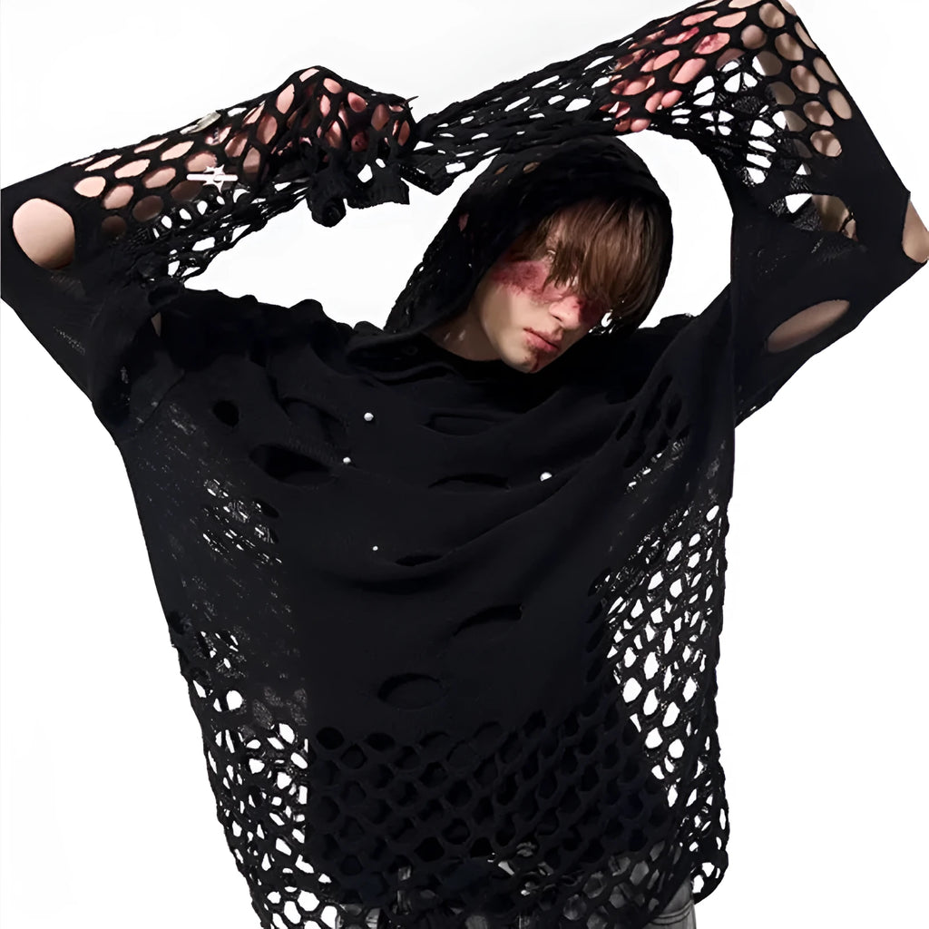 Black men's hooded pullover sweater with pearl decorative accents and loose fit design