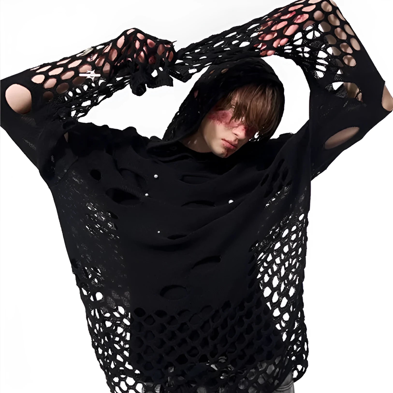 Black men's hooded pullover sweater with pearl decorative accents and loose fit design
