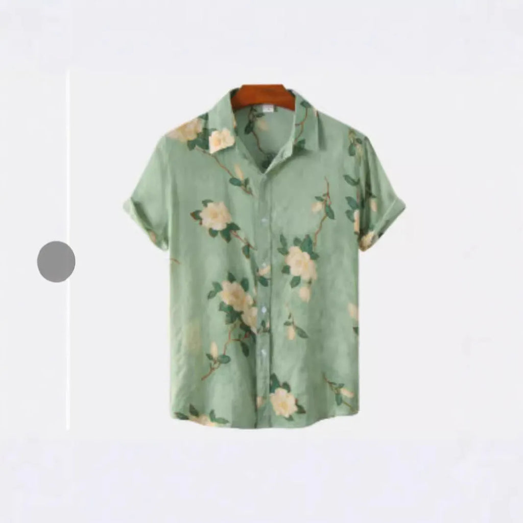 Hawaiian print short sleeve shirt with floral pattern and lapel design in street fashion style