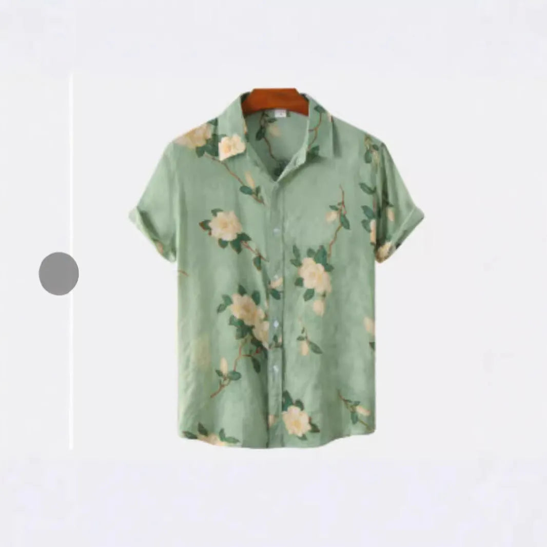 Hawaiian print short sleeve shirt with floral pattern and lapel design in street fashion style