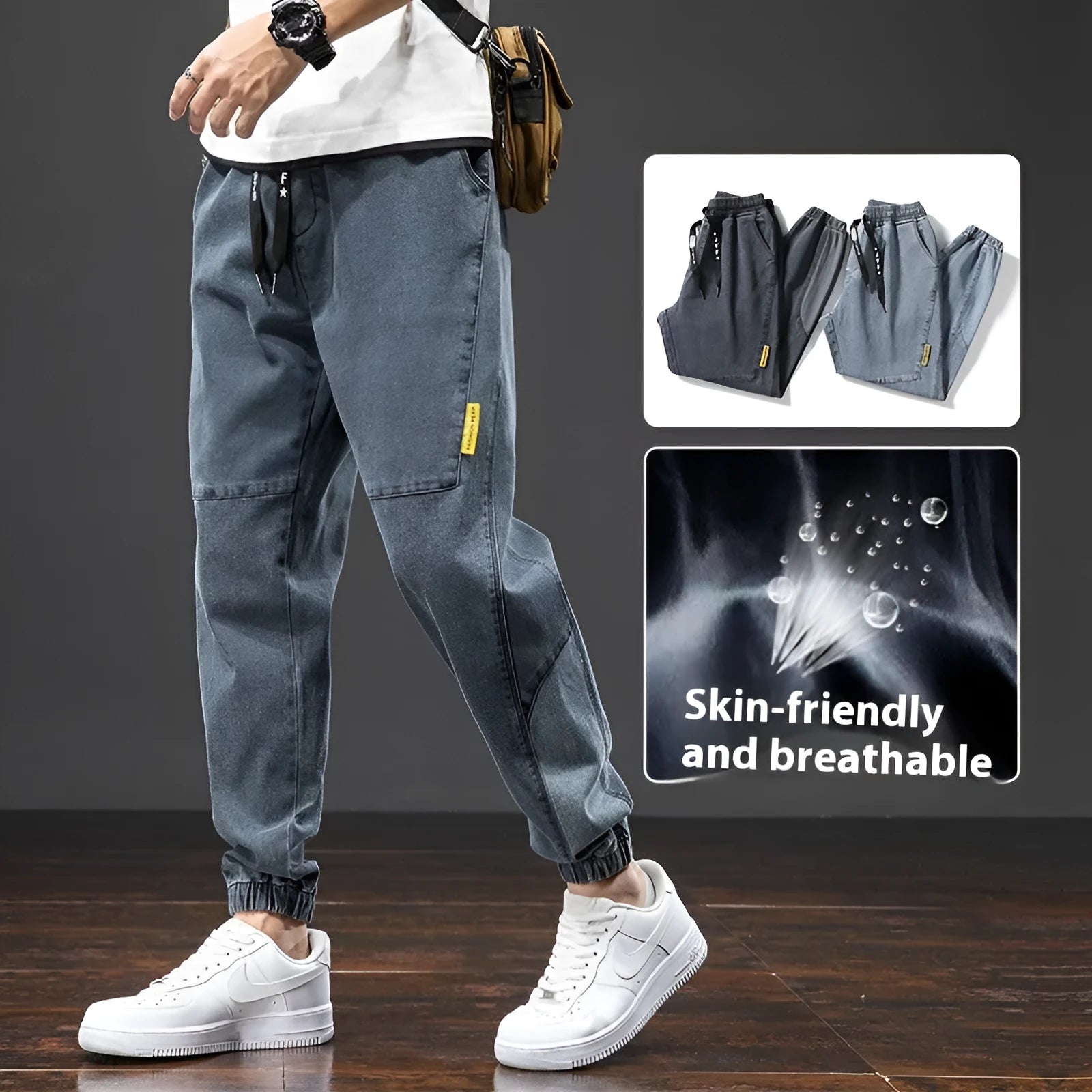 Men's straight leg cargo jeans in blue, showing loose fit, cargo pockets, and mid waist design.
