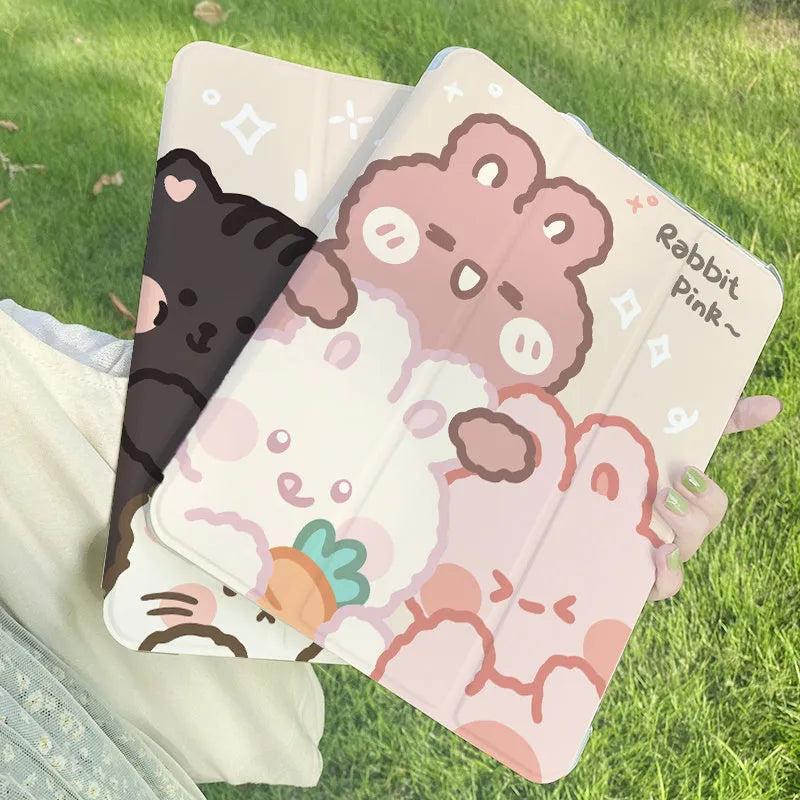 Silicone tri-fold protective case for iPad with cartoon rabbit design, shown folded as a stand.