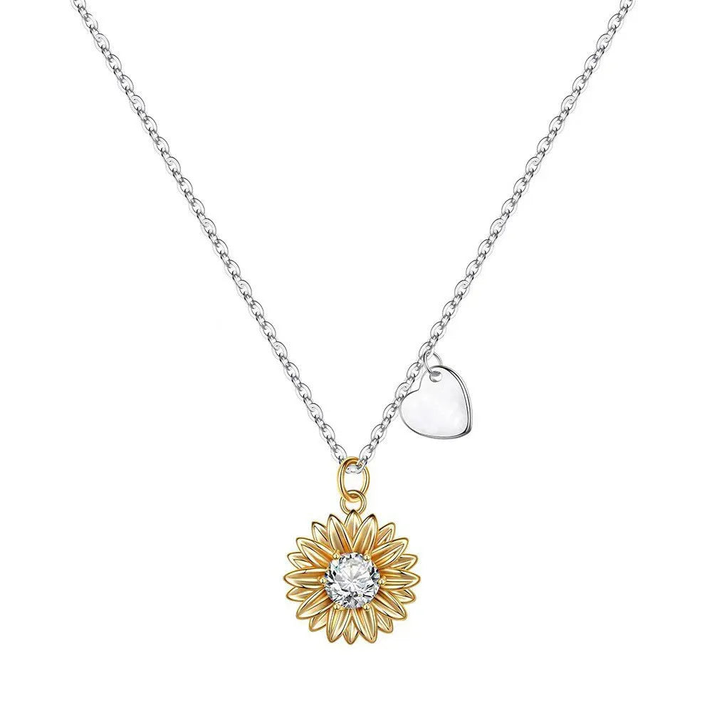 925 silver sunflower necklace with geometric daisy pendant on cross chain, adjustable 21-50cm length