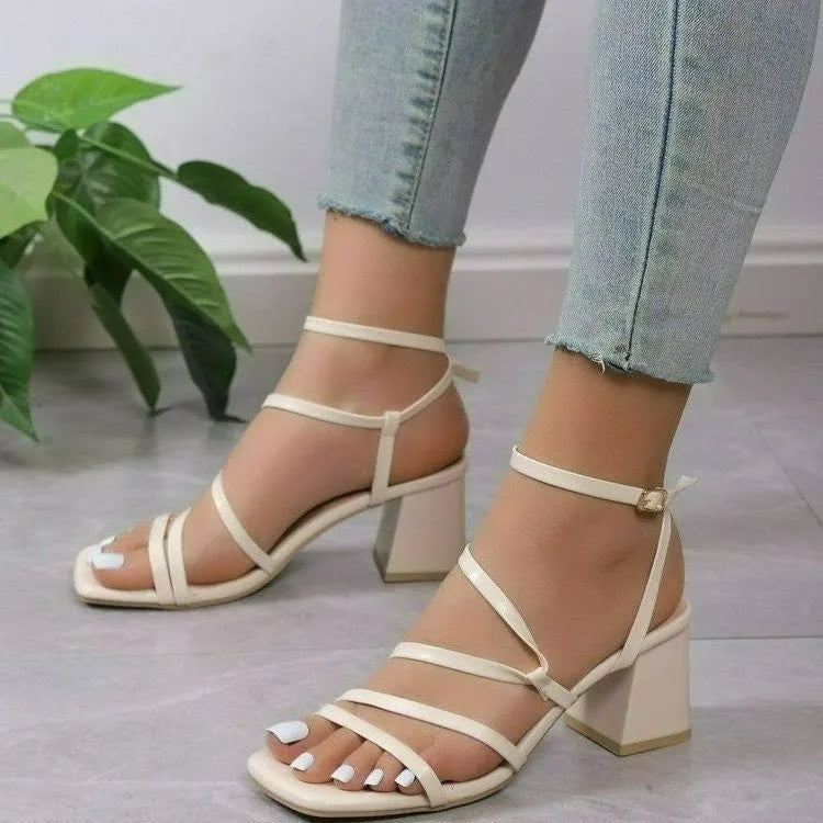 Plus size open toe slippers square head PU upper ankle buckle sandals in beige, black, and rose red