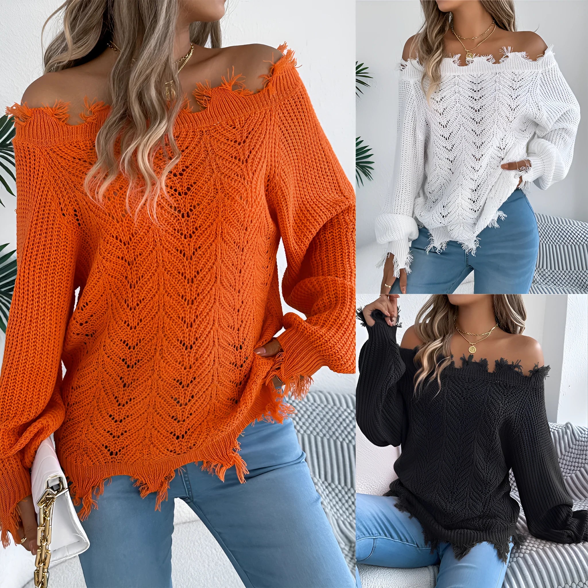 White cut off-the-shoulder pullover sweater with hollow-out long sleeves and street fashion styling