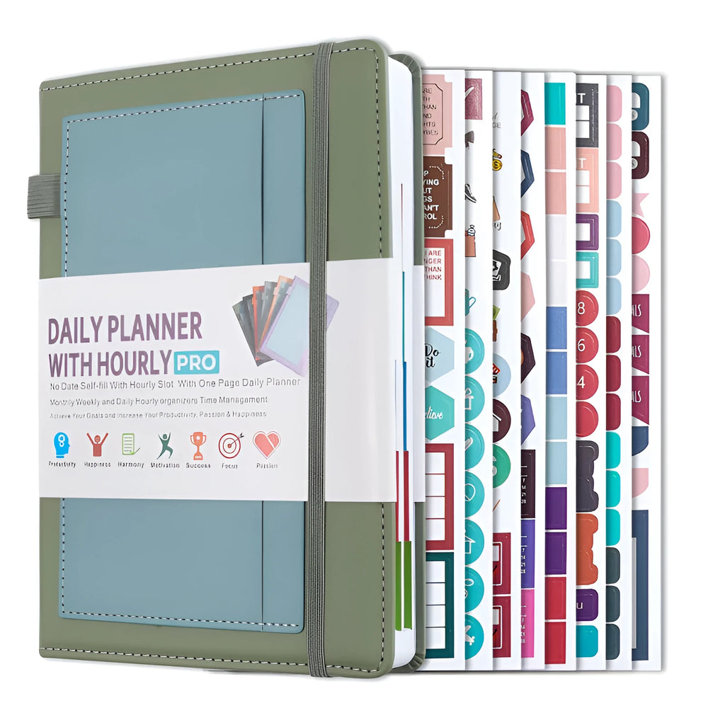 A5 notebook with PU cover, open to show no-date strap and thread binding, with planning stickers.