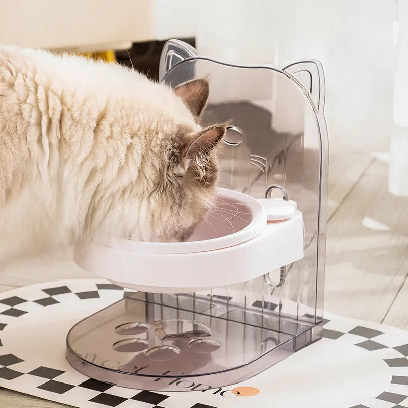 Grey adjustable height cat bowl with protective ears and removable cage for neck support