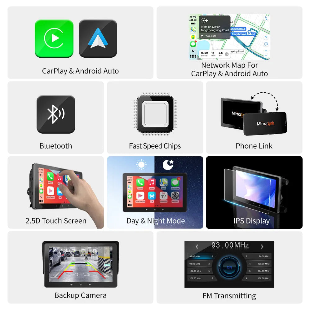7-inch car wireless CarPlay display with suction cup mount and cigarette lighter power interface