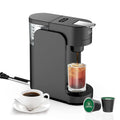 Mini capsule coffee machine in black with white accents, showing adjustable tray and KCUP capsule slot