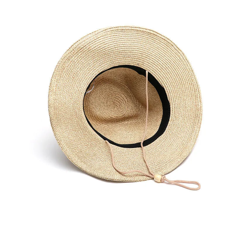 Men's foldable straw sun hat with wide brim in beige colour shown in three different sizes