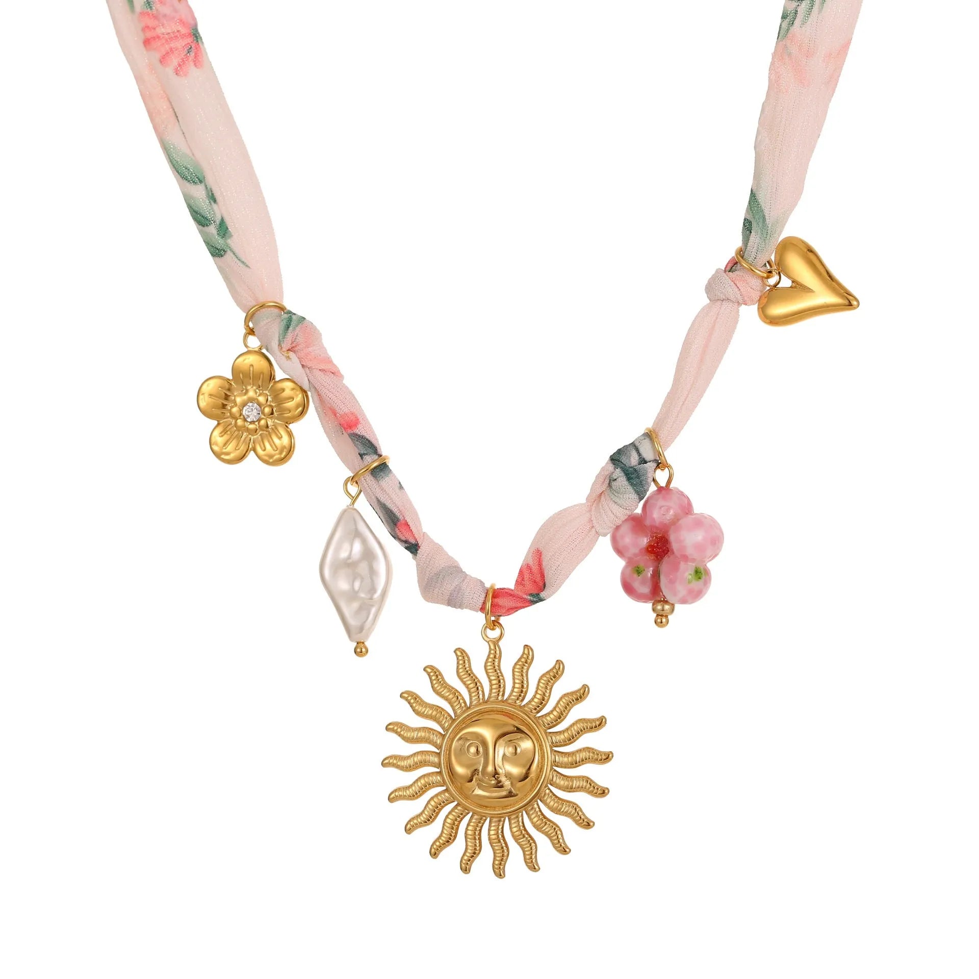 Gold plated stainless steel necklace with a geometric sun pendant on an adjustable chain.